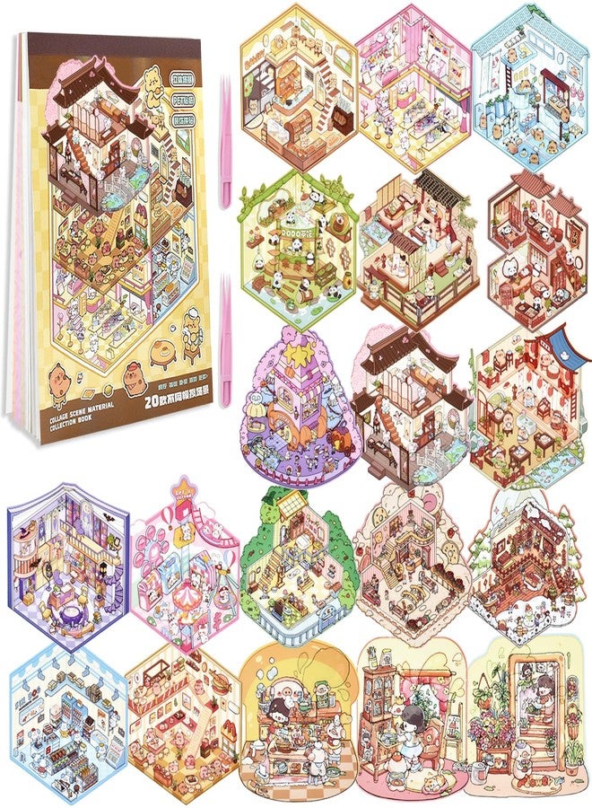 Aifong 20 Sets DIY 3D Sticker Scene Collection Book DIY 3D House Stickers Make Your Own Sticker Therapy Cute Cartoon Stickers Scenes for Relief Stress Pass The Time - Image 1